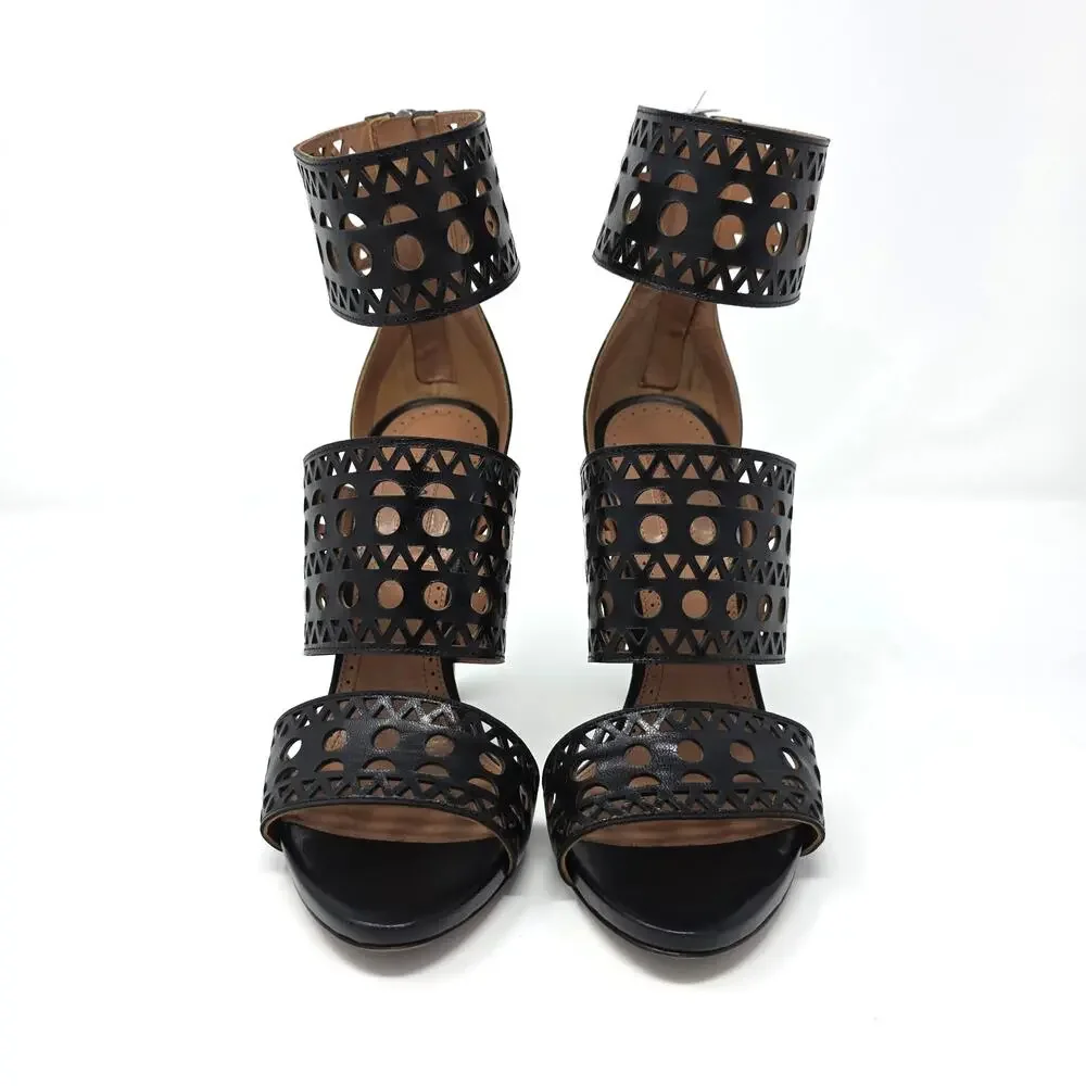 Alaia Black Caged Gladiator Sandal Heels Laser Cut Cutout Leather US 7.5 EU 37.5